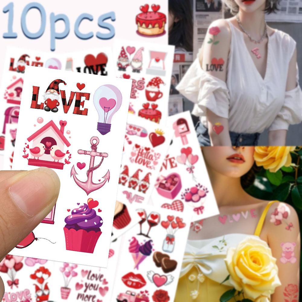 10 листов розовых наклеек на День святого Валентина для лица, рук, тела, временные водонепроницаемые декоративные наклейки для татуировок, креативные подарки