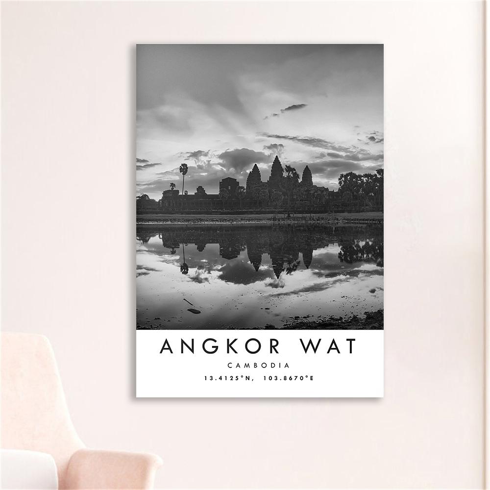 Angkor Wat Travel Print Cambodia Poster Black and White Print Coordinates Minimalist Home Decor City Landmark Prints