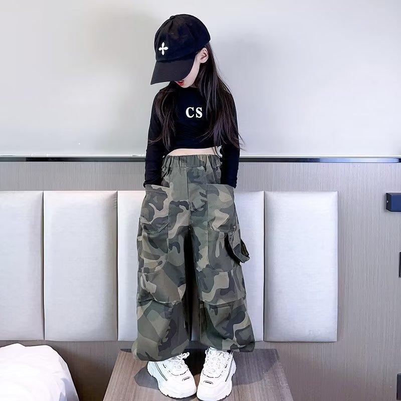 Наряды для девочек Длинные брюки карго Широкие брюки для девочек Детский танцевальный костюм Повседневные брюки Свободный крой Прямые брюки Брюки для девочек Одежда