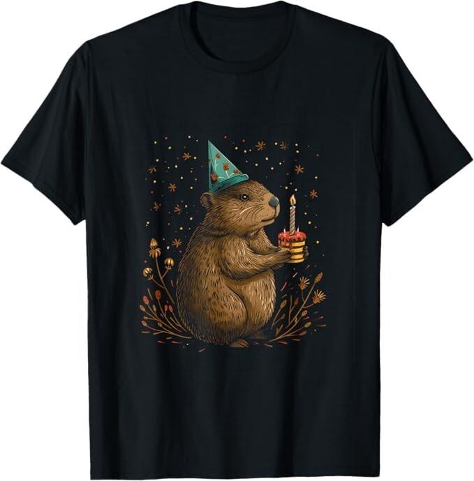 Happy Groundhog Day Ground Hog With Birthday Cake Party T-Shirt