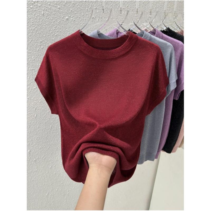 Женская летняя тонкая свободная футболка с круглым вырезом, однотонный трикотажный топ