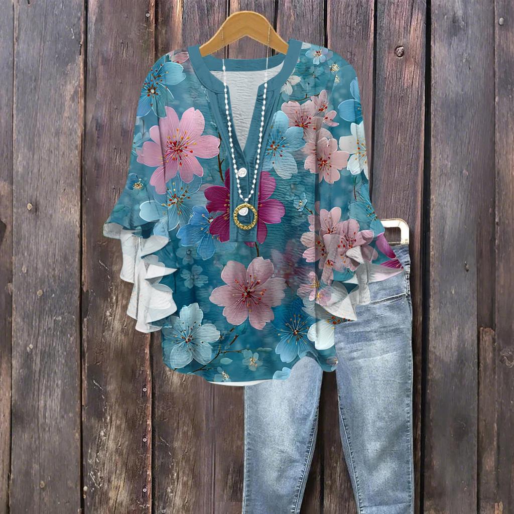 Women's Fashion Button V-Neck Ruffle Seven Sleeve Blouse Floral Printed Top