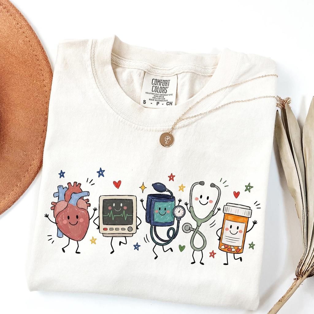 Comfort Colors® Cardiac Nurse Doodle Characters Shirt, Cardiology Nurse Tee, Cardiovascular Nurse Tshirt, CVICU Nurse Gift, Heart Nurse Gift