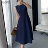 ZANZEA Women Summer Elegant Round Neck Sleeveless Solid Color Waist Dress