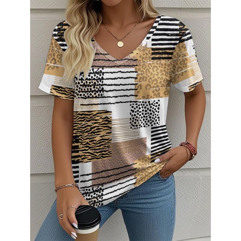 Summer Women's T-Shirt Vintage Casual Plaid Printing Fashion V Neck Pullover Short Sleeve Printed Loose Daily Tops Large Size Design Clothe
