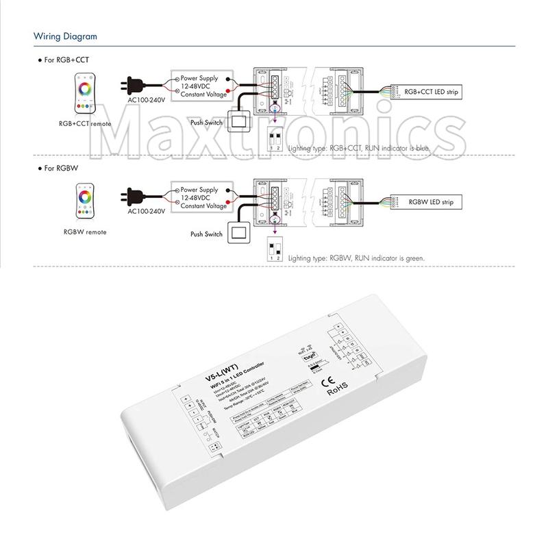 Skydance WiFi & RF 5 in1 CV Controller V5-L(WT) (Tuya App) 5CH*6A 12-48VDC for RGB RGBW RGB+CCT CCT Single Color LED Strip Light