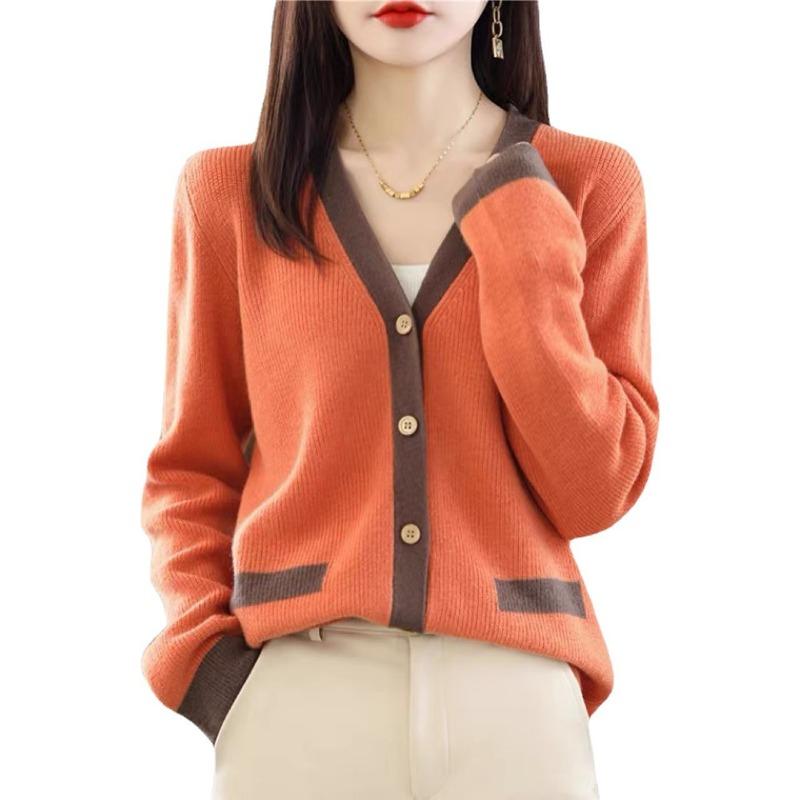 Весенне-осенний свитер с V-образным вырезом, женский вязаный кардиган с цветными блоками, свободные топы, женская куртка, удобная, универсальная и модная