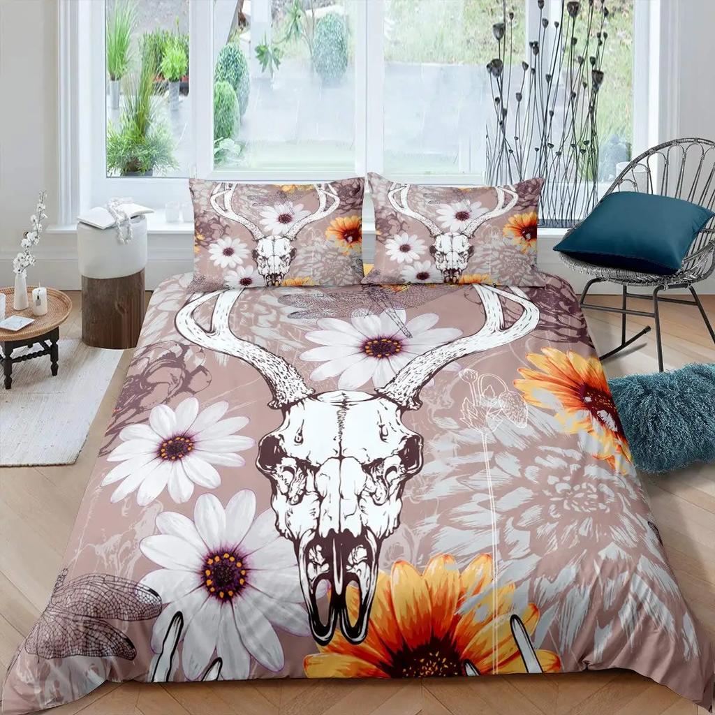 Пододеяльник с изображением черепа коровы Queen Подсолнух Комплект постельного белья с изображением скелета коровы/быка Ботанический цветочный узор с листьями Бохо Племенной полиэстеровый пододеяльник