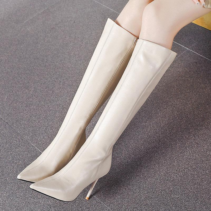 9.5Cm beige boots women's 2025 new pointed high-heeled small boots 150 but knee tall and thin