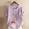 Женская модная футболка с круглым вырезом и коротким рукавом, повседневная хлопковая льняная рубашка с рисунком, свободная летняя блузка с цветочным принтом для отдыха, топы