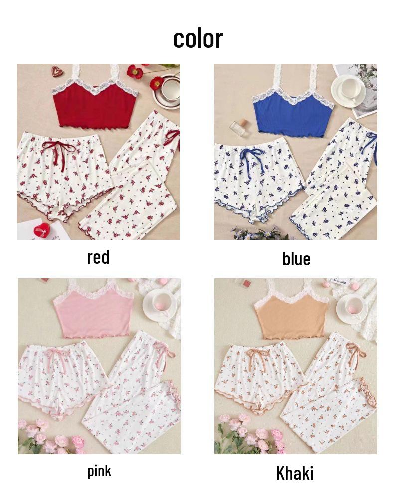 Пижамный комплект из цветочного кружева для женщин - Милая летняя майка с короткими и длинными брюками