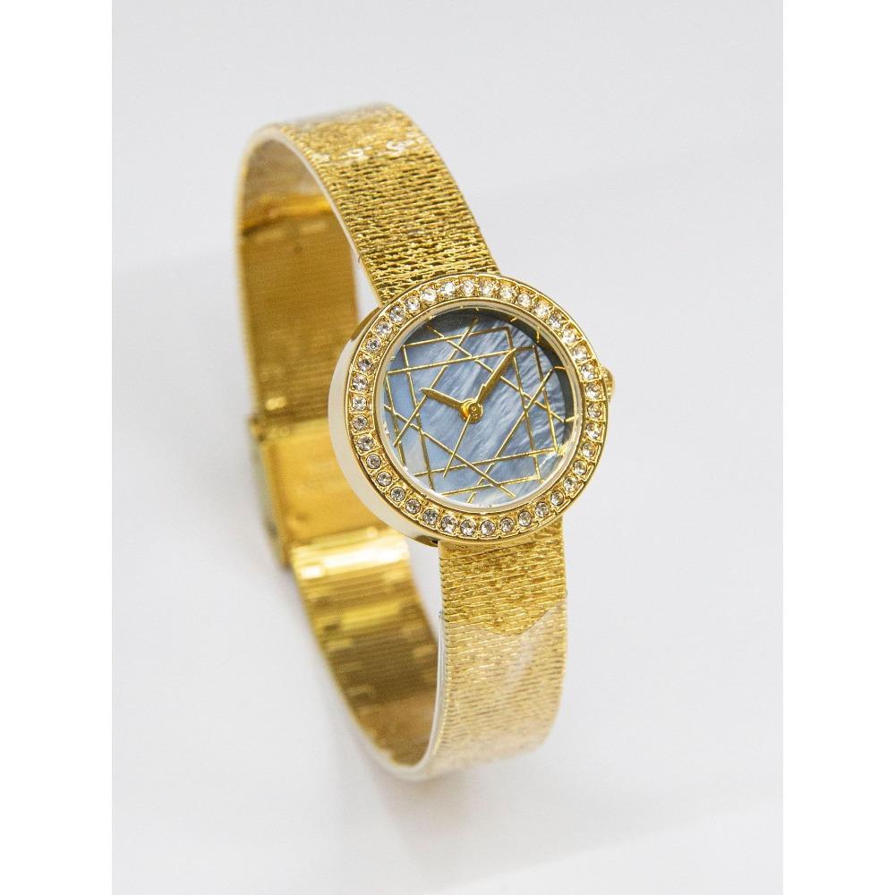 Round Quartz Watch For Women Rhinestone Bezel Geometric Line Dial Textured Mesh Strap Elegant Daily Waterproof Wristwatch