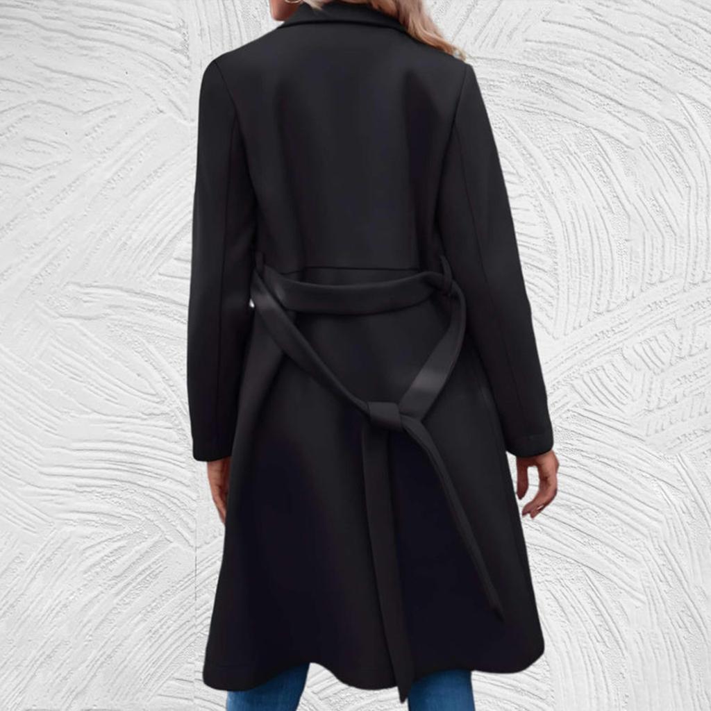 Женское длинное шерстяное женское пальто с завязками на талии и двойной пряжкой
