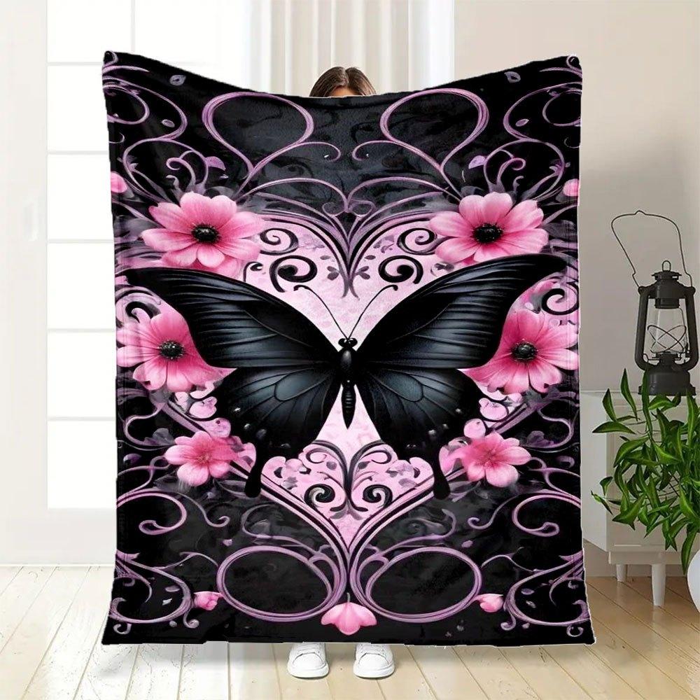 Black Butterfly with Pink Flowers Wall Art PrintBlanket Flannel Throw Blanket for Sofa, Bed, Travel, Camping, Office, Couch, Chair, And Bed
