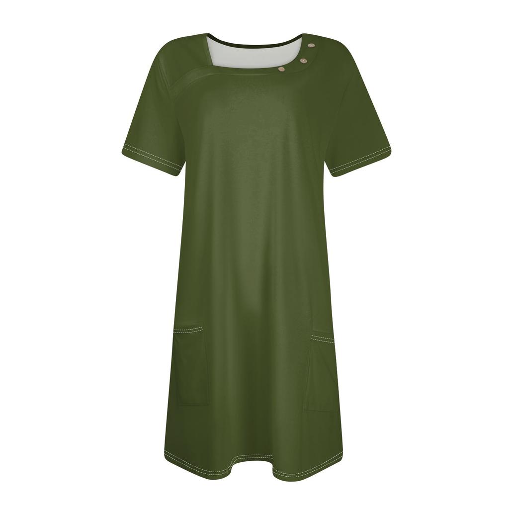 Женская мода, летние платья с квадратным вырезом и коротким рукавом, повседневные свободные однотонные платья с карманами и пуговицами