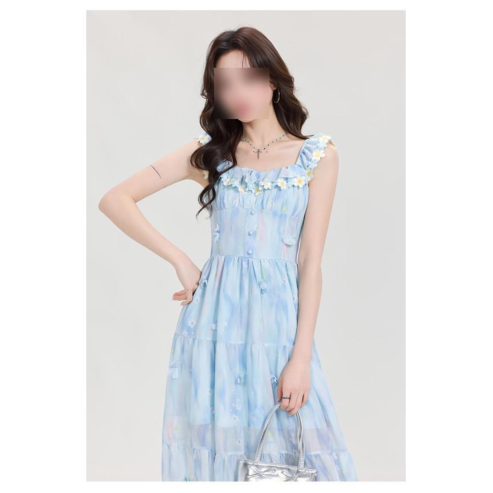 Французское платье-сарафан с квадратным вырезом и трехмерными цветами с открытыми плечами для девочек и девушек на лето, новое темпераментное и стройнящее длинное А-силуэта