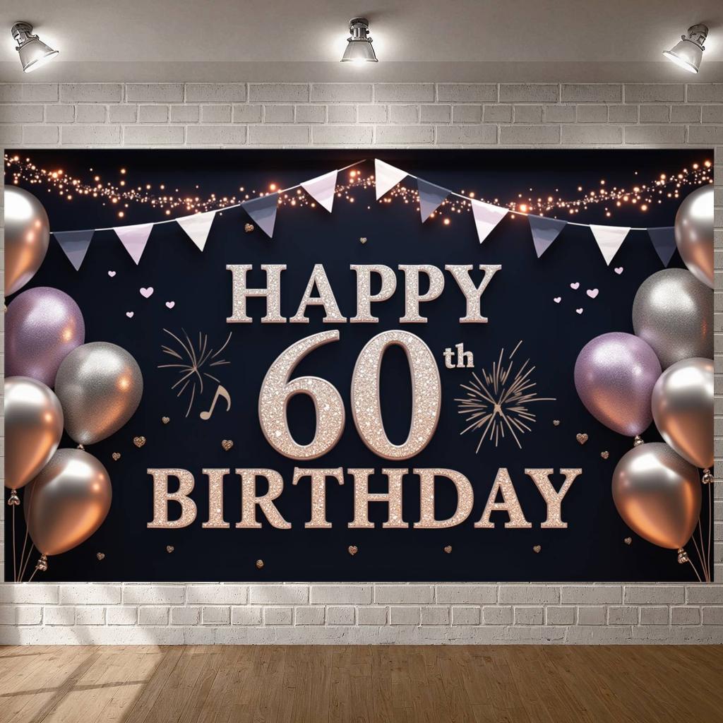 Фон для празднования 60-летия Треугольный гирлянда-флажки 60-летие Дисплей Роскошный фон для дня рождения Розовые акценты в виде сердечек