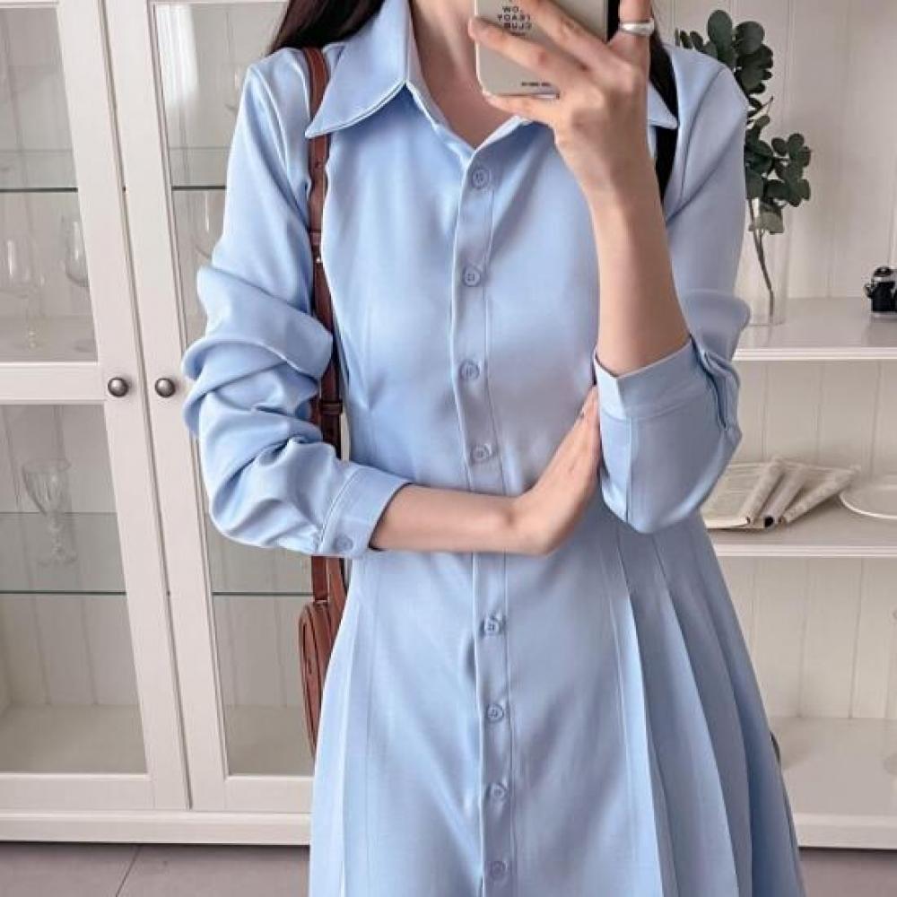 New Arrivals Open Run Princess Line Slim Fit Pleated Long Shirt Dress