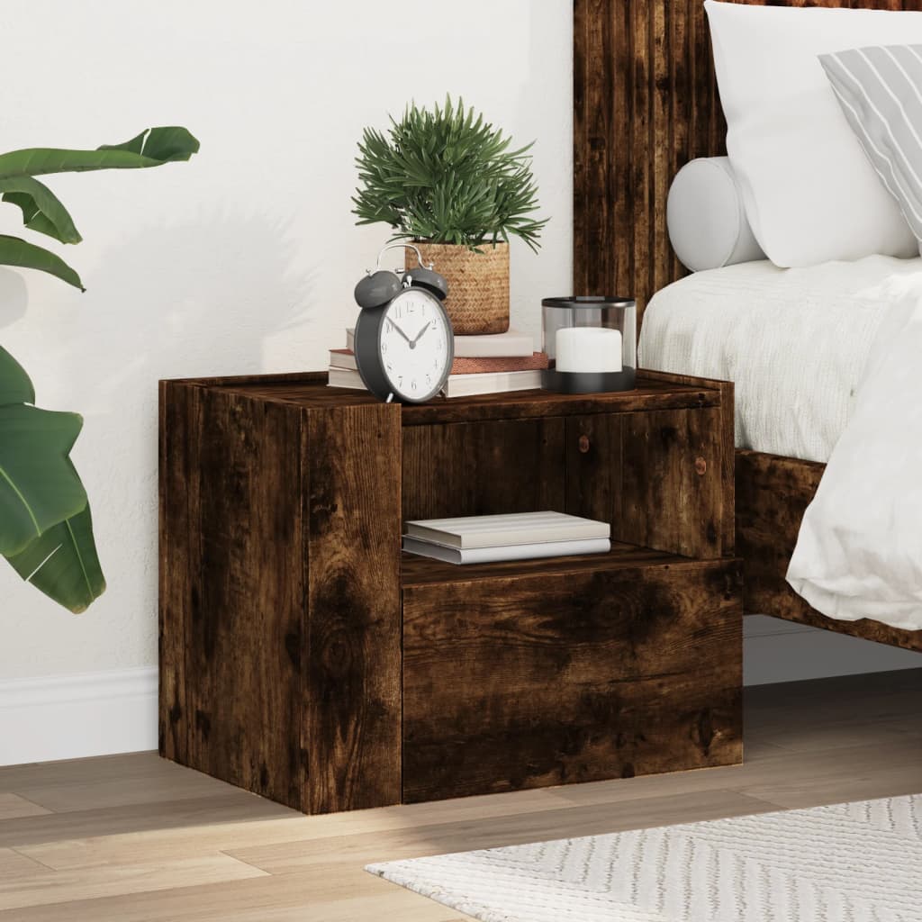 Wall Mounted Nightstand in Smoked Oak Finish 45 x 30 x 35 cm