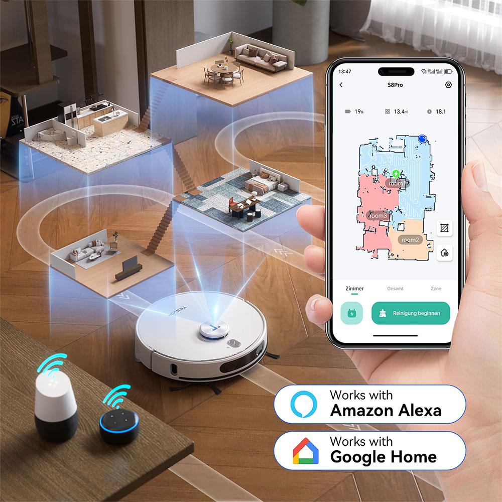 Tesvor S8 Max Robot Vacuum Cleaner, 3-in-1 Vacuum/Sweep/Mop, 8000Pa Super Suction, Up to 180min Runtime, Self-emptying