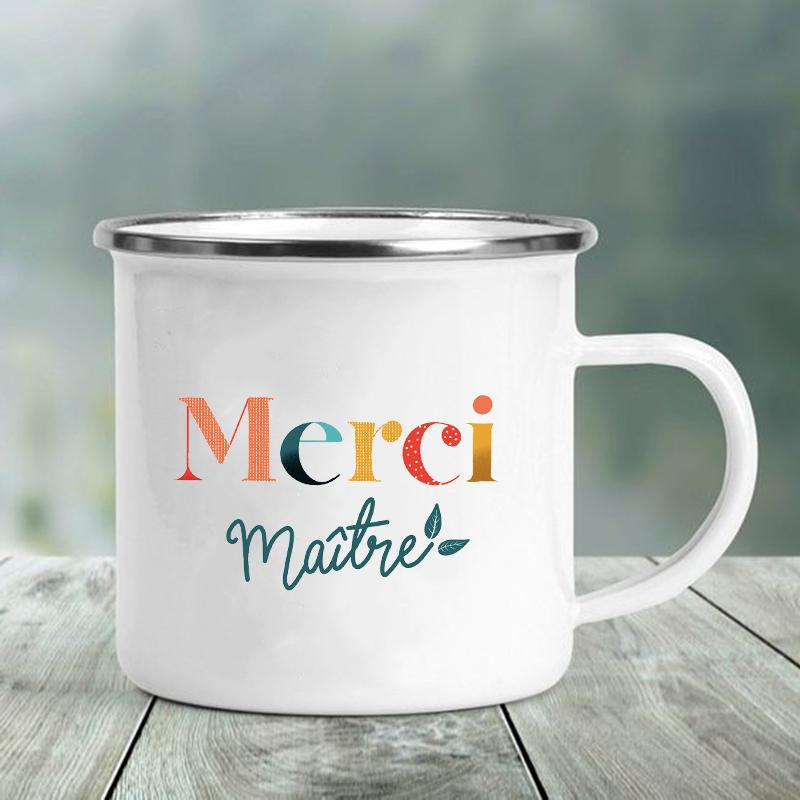 Enamel Mug Merci Maître Print Mugs Creative Coffee Cups Drinks Water Milk Tea Cup School Home Handle Drinkware Best Teacher Gift