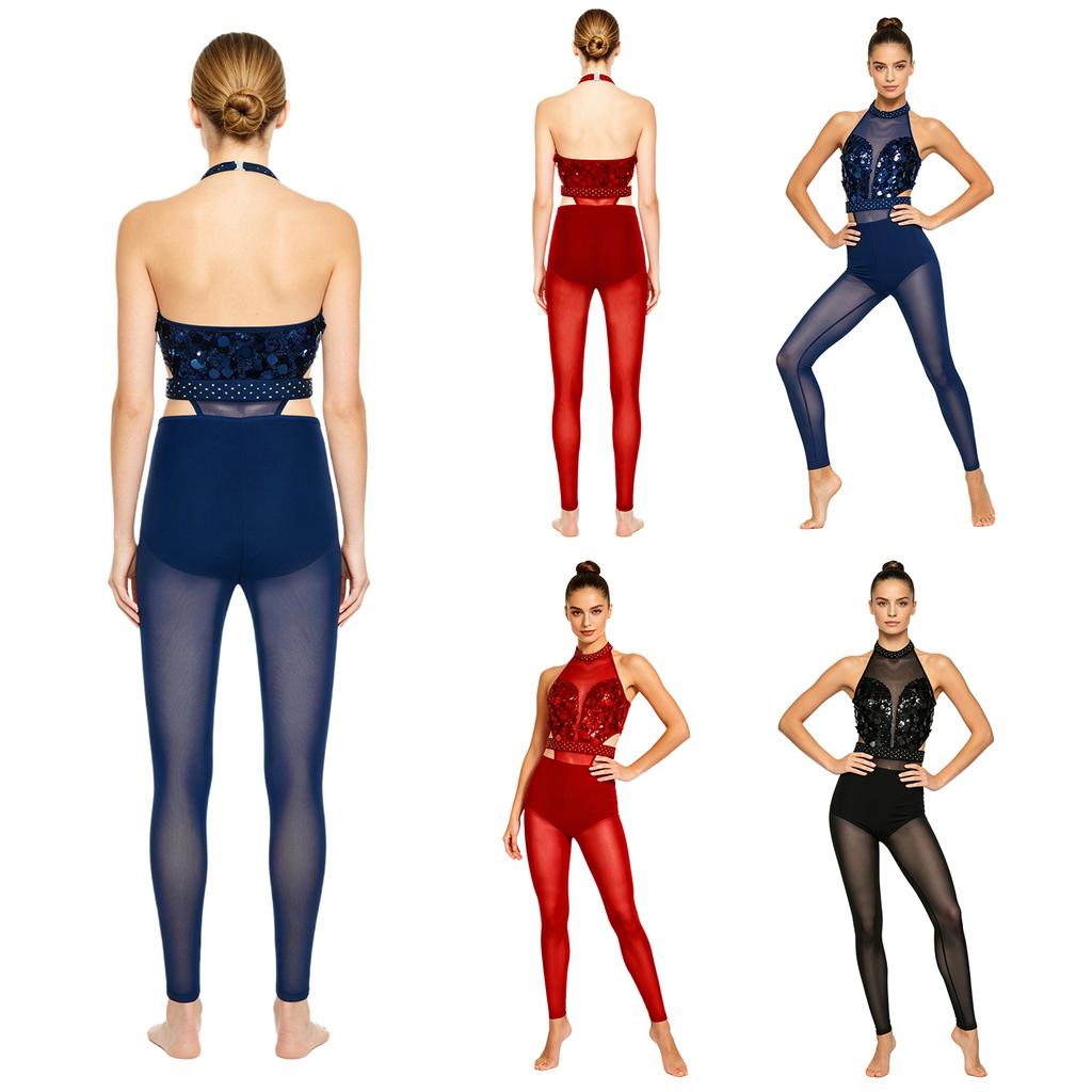 Women Gymnastics Unitard Halter Backless Sequin Bodice Hollow Out Waist Sheer Mesh Leggings Built-in Briefs Rompers Jumpsuit for Competition Stage
