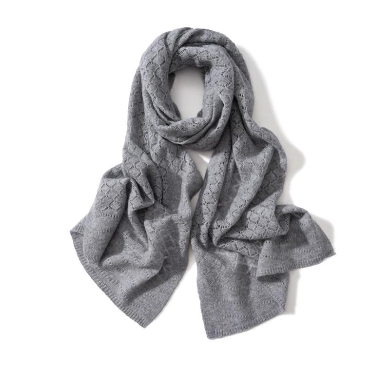 Women's 100% Cashmere Solid Color Scarf Hollow Grid Knitted Windproof Elegant Embroidery Texture Neckerchief for Ladies Banquet
