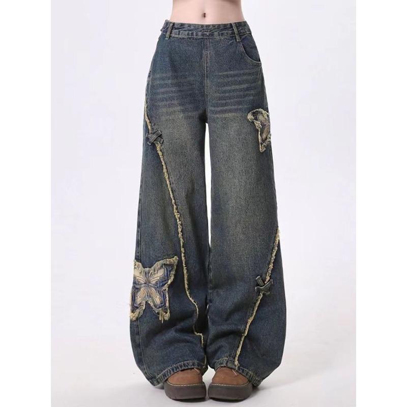 Американские винтажные широкие джинсы с застежкой-бабочкой сбоку, женские осенне-зимние дизайнерские брюки с высокой талией и свободными брюками длиной до пола