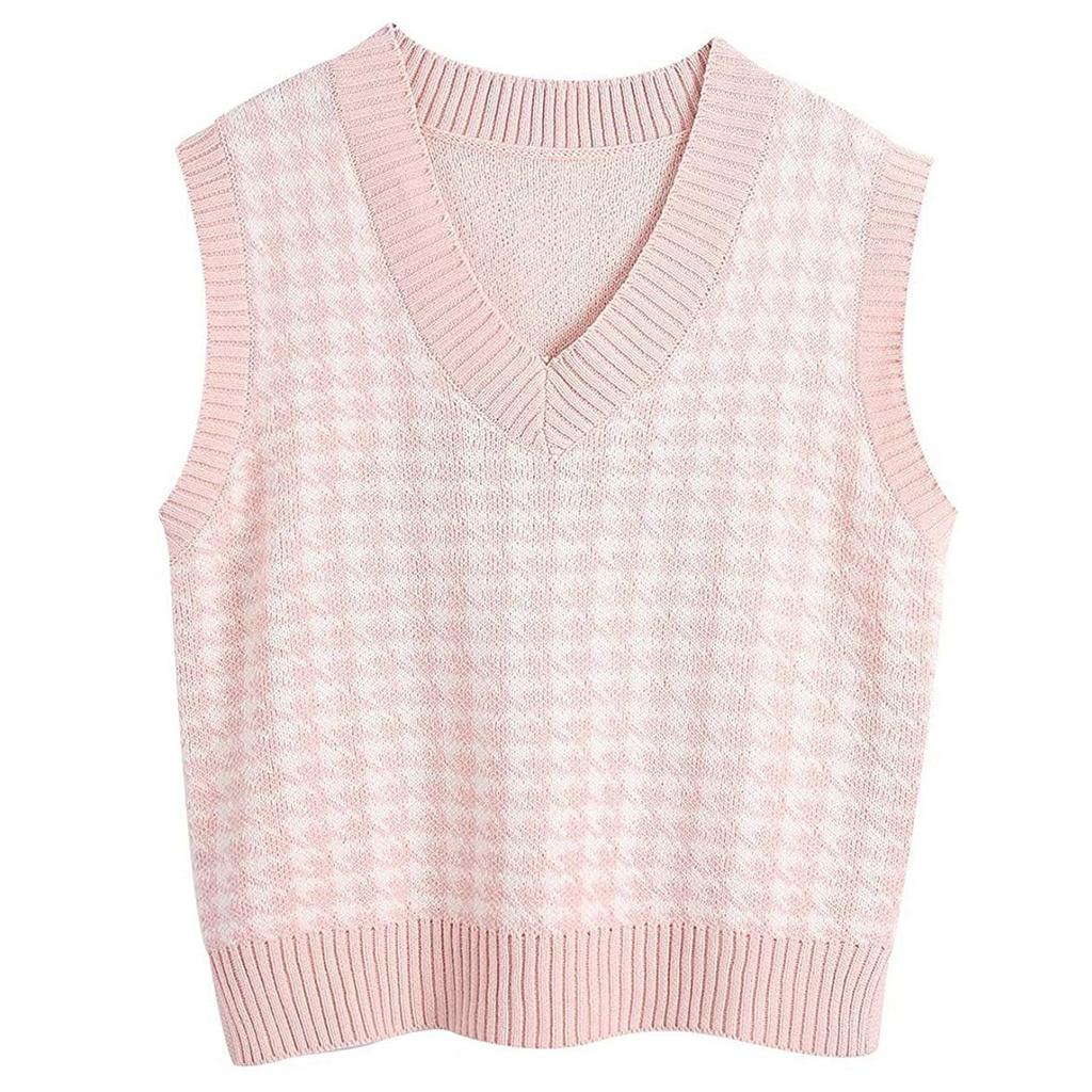 Women's Casual V-Neck Pullover Shirt Collision Color Sleeveless Sweater Vest
