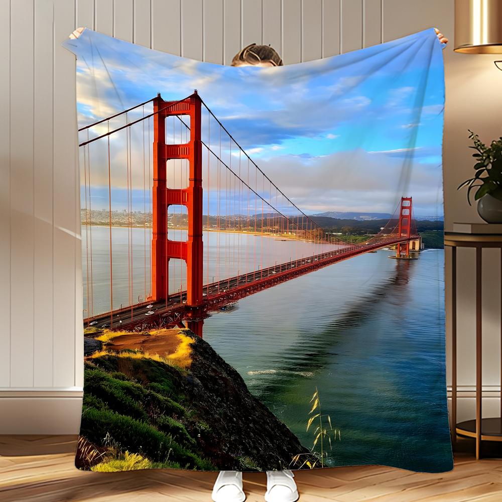landmark Golden Gate Bridge Throw Soft Coral Fleece Blanket 310gsm Fluffy Warm Throw for Sofa Bed Couch Bedroom Decor