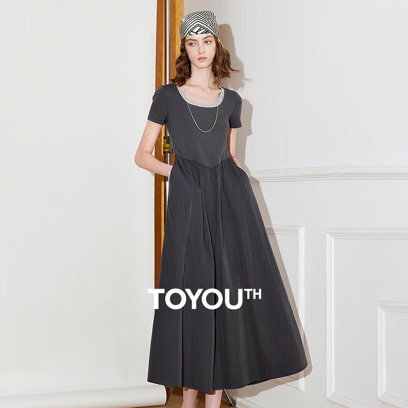 Платье миди А-силуэта с короткими рукавами и U-образным вырезом, двухцветное, имитация двух частей