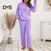 2 Pcs/Set Pajama Set Autumn Winter Casual Outfit Top Pants Set Round Neck Long Sleeve Top Elastic Waist Sport Tracksuit Daily Clothes Sleepwear