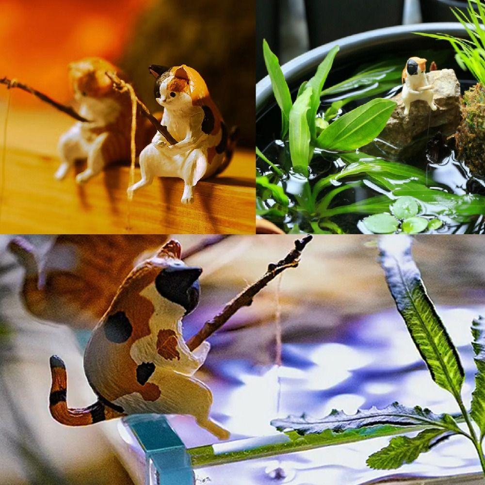 Decor Handicraft Craft Kitten Fishing Ornament Cat Statue Fish Tank Ornaments Miniature Figurines