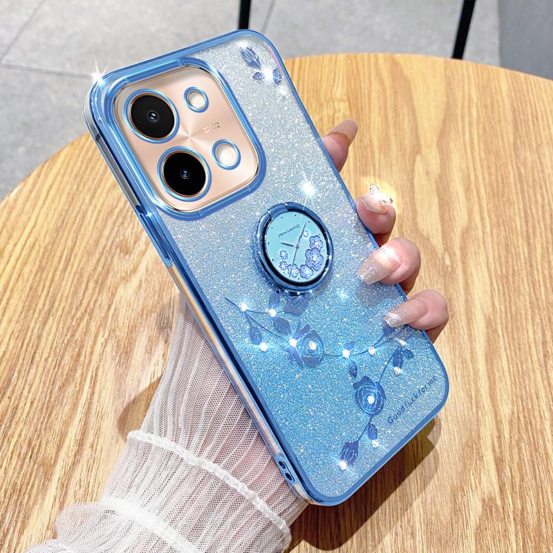 KADEM For vivo Y28 4G Case Kickstand Glitter Flowers TPU Shockproof Phone Cover