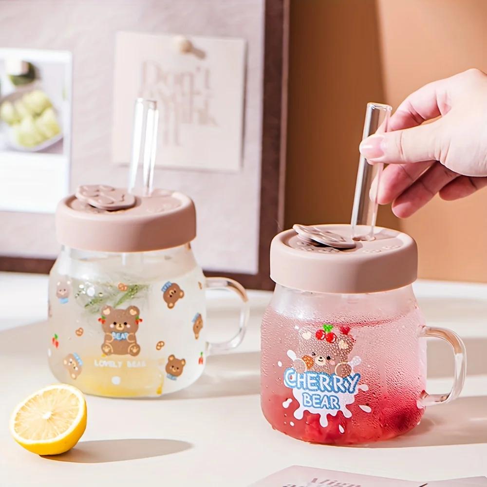1 шт. 500 мл Мультяшная стеклянная чашка с медведем с крышкой и соломинкой, кружка для воды из высокоборосиликатного стекла с ручкой, стаканы для холодного кофе, стаканы для питья