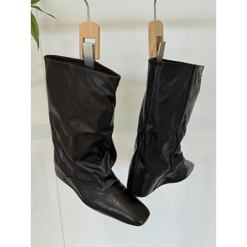 Натуральная коровья кожа~ Новые осенне-зимние ботинки на танкетке, квадратный носок, свободный голенище, полусапоги, женские короткие ботинки, модные ботинки-рыцари