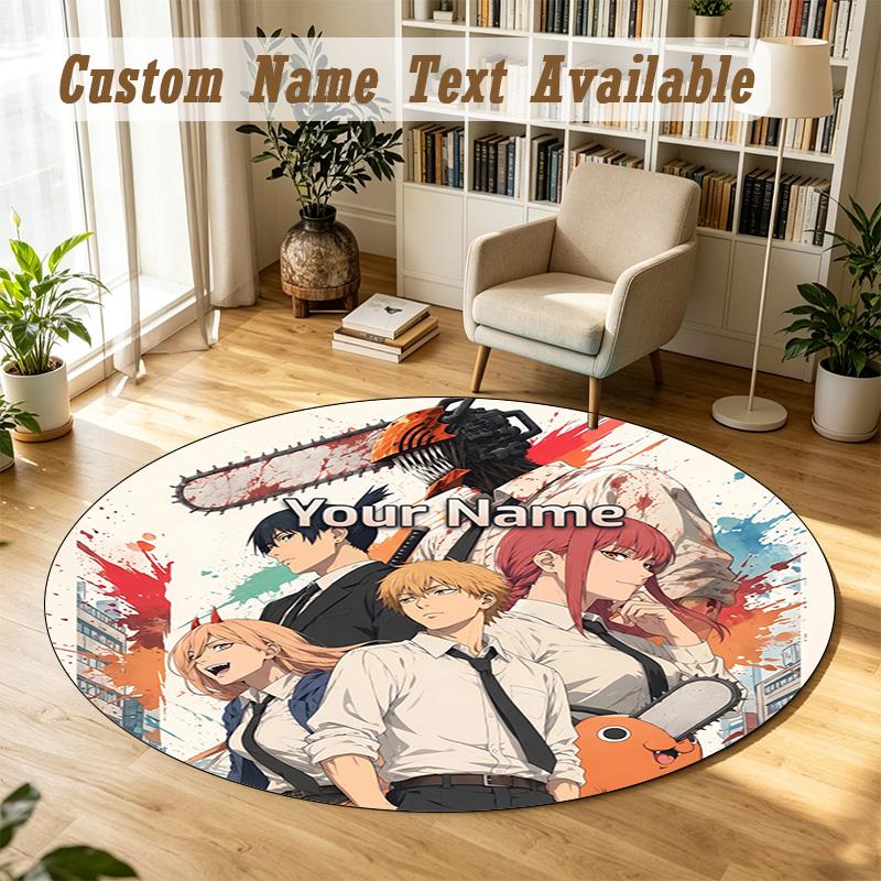 Round Rug Custom NameChainsaw Man Pattern Non Slip Carpet Home Floor Decor