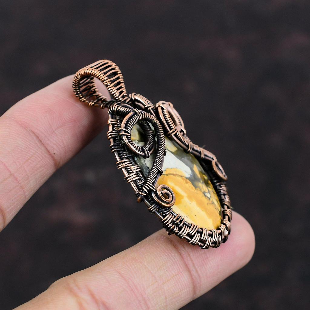 Подвеска из яшмы Малигано Кулон из медной проволоки Кулон из натурального драгоценного камня Красивые медные украшения Дизайнерский кулон ручной работы Подарок для него