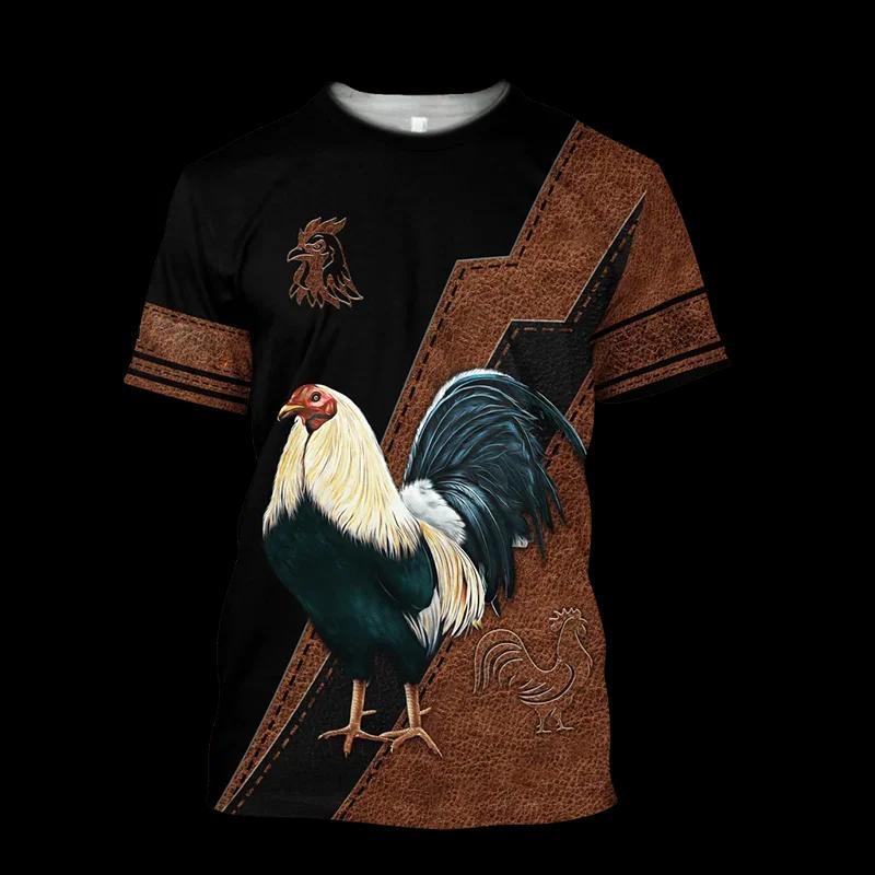 Fighting Rooster 3D Printed Round Neck T-shirt for Men, Fashionable Short Sleeved Pullover, Casual Street Harajuku Tops