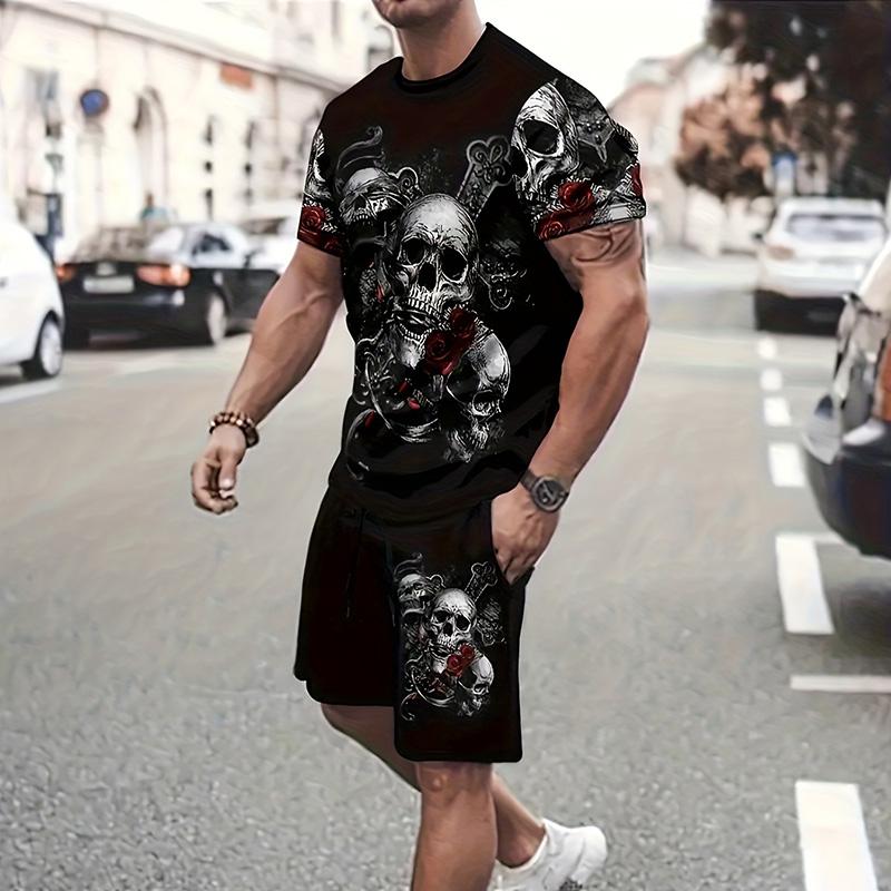 Мужской костюм, летний повседневный дышащий освежающий костюм с принтом 3D волка, свободный мужской топ, модный, короткие рукава