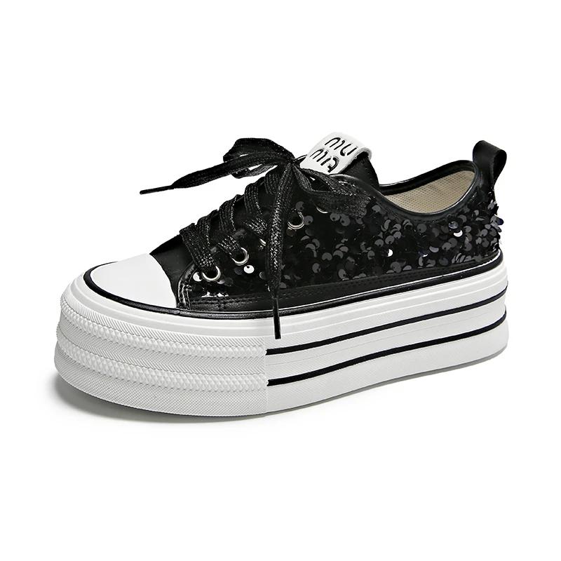 Женские парусиновые туфли Весна и Осень Новые Блестки Толстая Подошва Увеличивающие Рост Вулканизированные Повседневные Беговые Женские Туфли