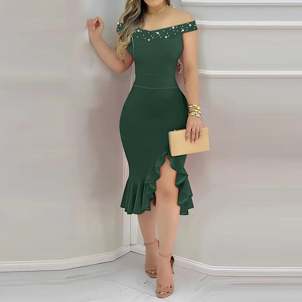 Women's Fashion Tight Pack Hip One Shoulder Ruffle Solid Colour Dresses