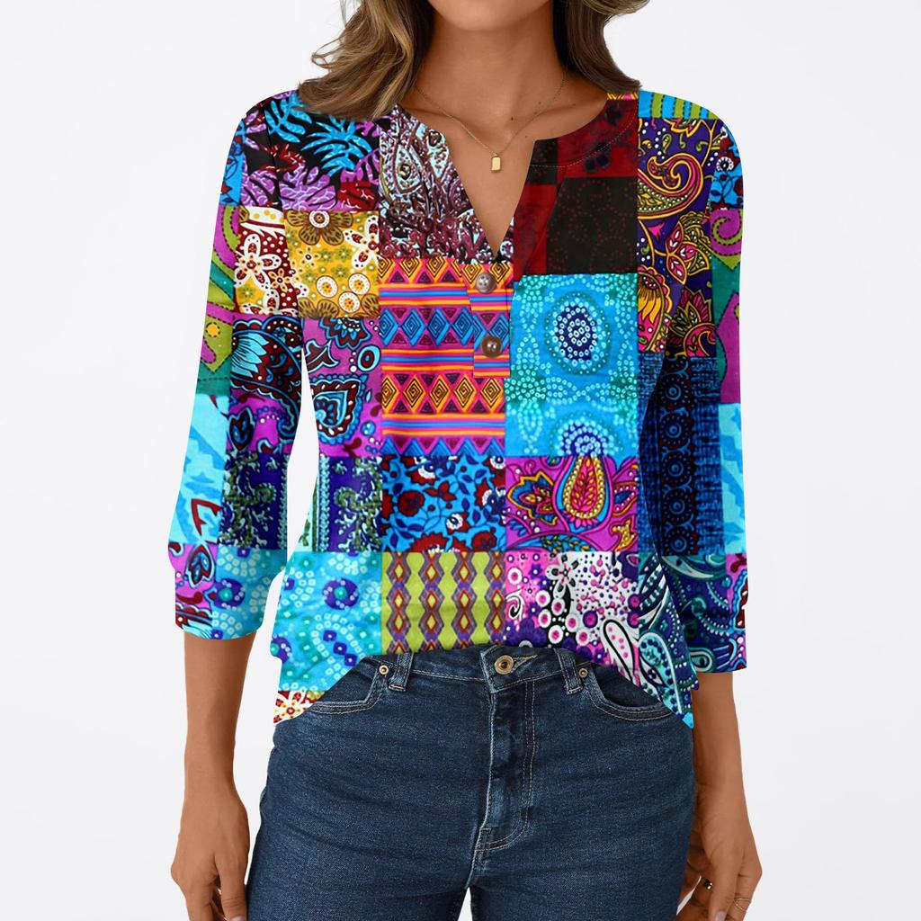 Женская модная повседневная футболка с рукавом 3/4, с принтами, V-образным вырезом и пуговицами