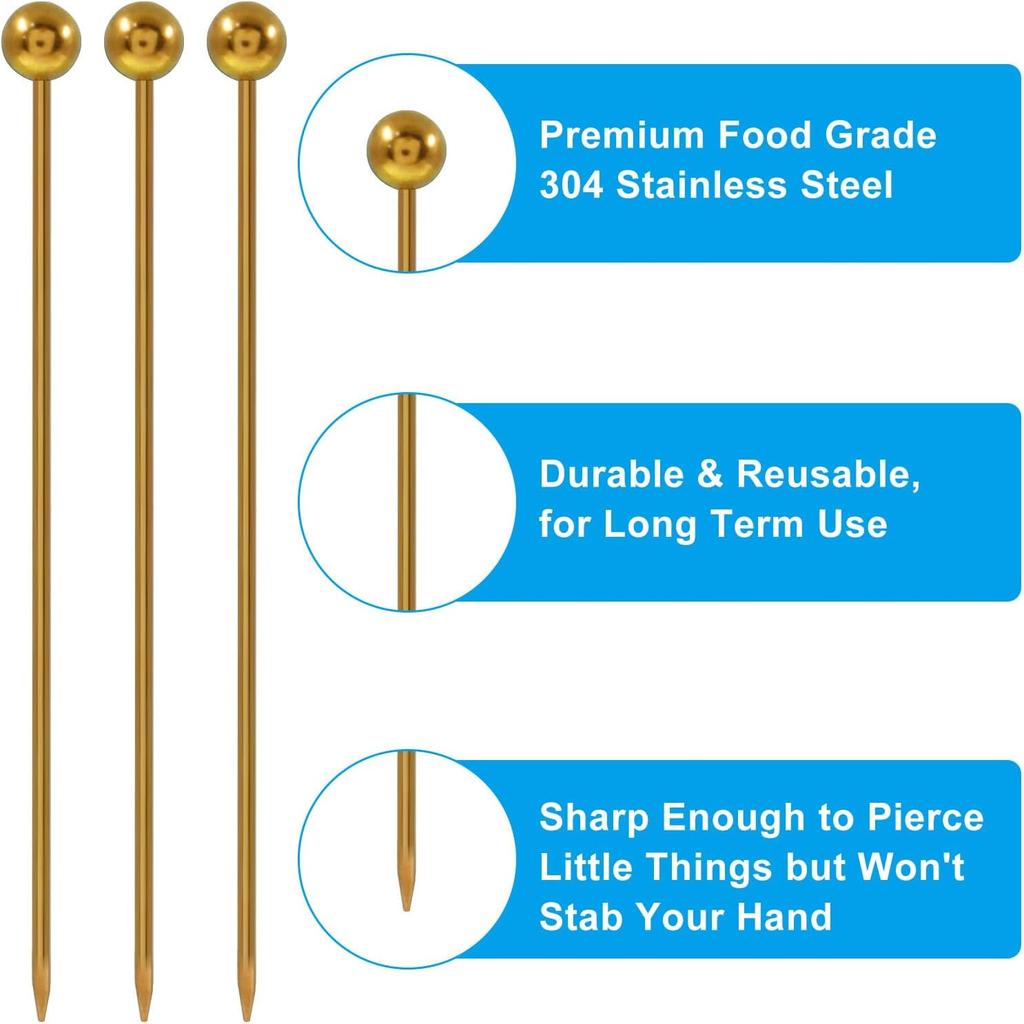 Hitefu 15 шт. Шпажки для коктейлей из нержавеющей стали, Металлические зубочистки для коктейлей, Многоразовые коктейльные шпажки для напитков, оливок, закусок и фруктов (4,3 дюйма,