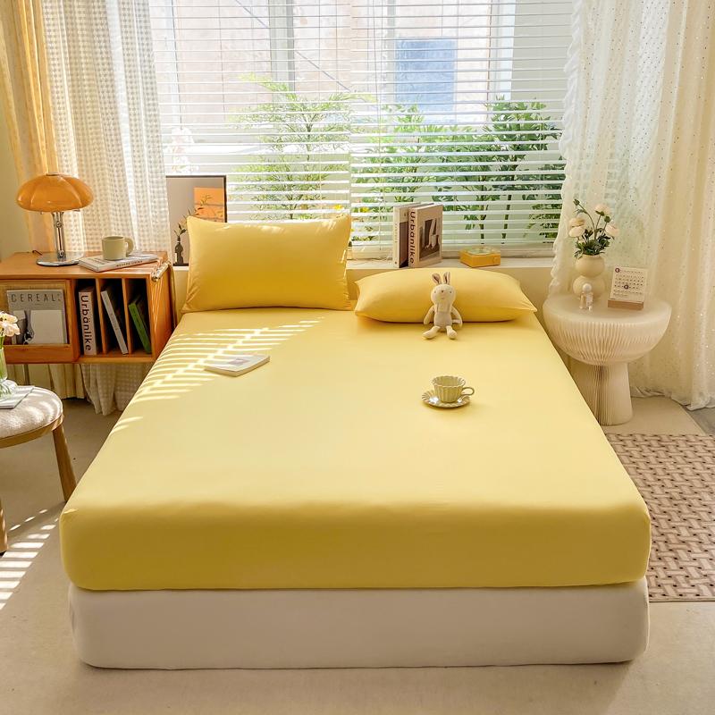 Simple Solid Color Blue Fitted Sheet Set 3Pcs Japanese Style Mattress Cover Skin-friendly Breathable Queen Size Bedding Set