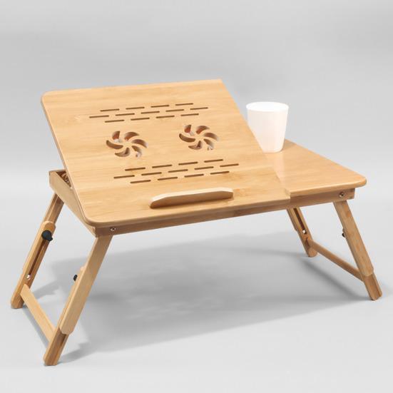 Регулируемый бамбуковый стол для ноутбука с эффектом охлаждения вентилятором, откидной верхний ящик, складной прикроватный столик