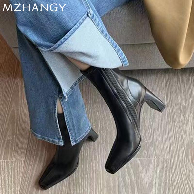Женские кожаные ботильоны с квадратным носком и высоким каблуком, женская мода 2025 года, элегантные зимние модные зимние мотоциклетные ботинки Mujer Botas