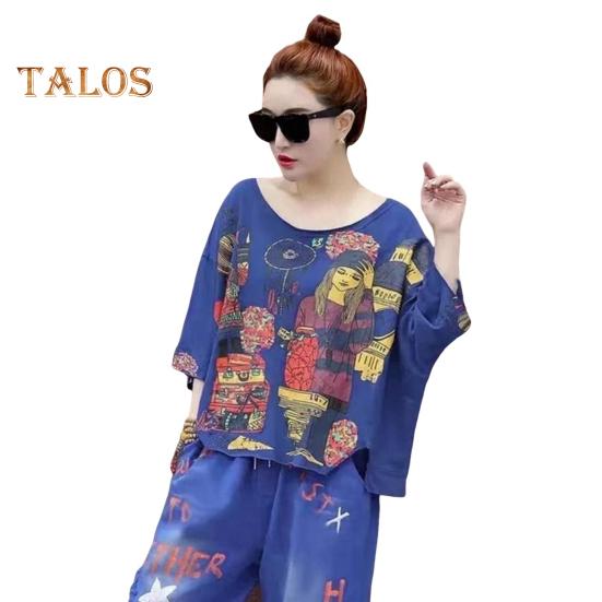 Женская футболка, комплект из 2 шт./компл., комплект брюк в стиле хип-хоп с принтом и V-образным вырезом, топ с короткими рукавами, укороченные брюки с ремешками на щиколотке, уличная одежда, дорожная повседневная одежда