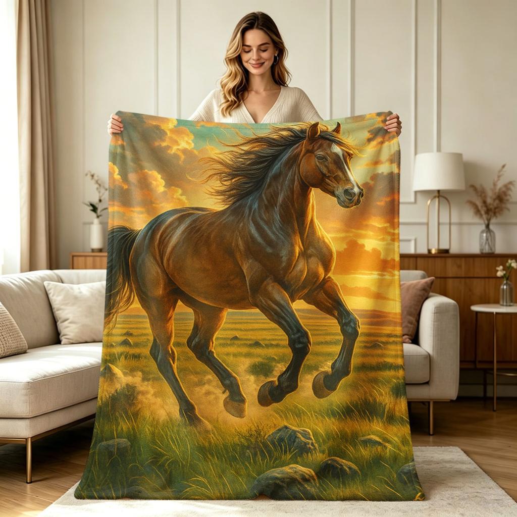 All Season Flannel Blanket Running Horse Prairie Sunset Print Soft Warm Throw Blanket for Couch Sofa Bedroom Office Living Room Home Decor