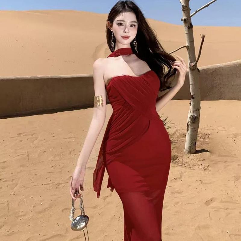 Red mesh yarn streamer tube top dress women's summer French slim and thin seaside vacation wind fishtail long skirt
